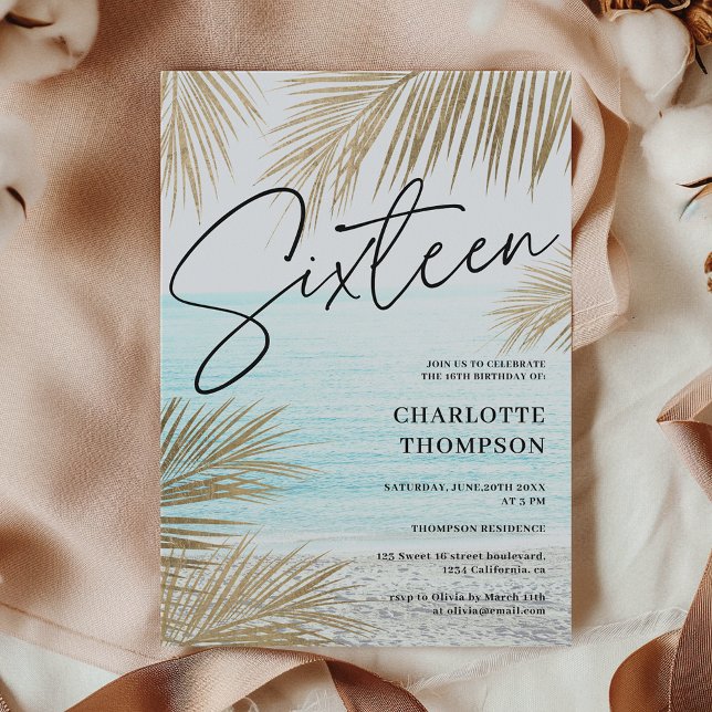 Tropische Goldpalme Strand Skript Sweet 16 Einladung (Tropical gold palm tree beach script Sweet 16 Invitation)