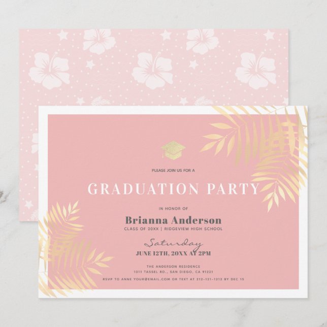 Tropische Graduierungsparty der Rosa Palme Einladung (Vorne/Hinten)
