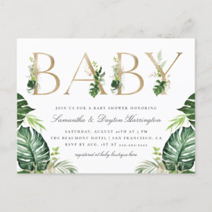 Tropische Grün-Goldtypographie-Babyparty Einladungspostkarte