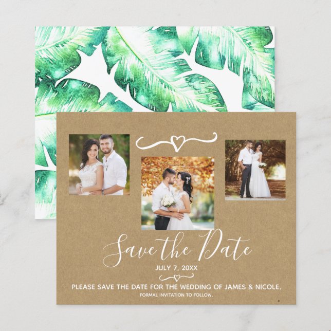 Tropische grüne Blätter Hochzeit Foto Save the Dat (Vorne/Hinten)
