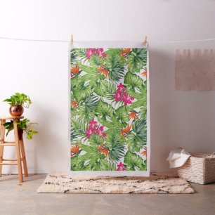 Tropische grüne Blätter und rosa Blumen  Stoff