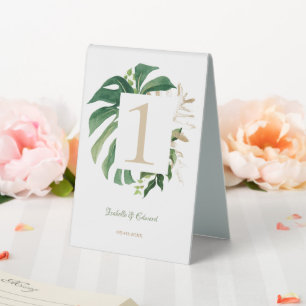 Tropische grüne goldene Monstera-Blätter Hochzeit Tischaufsteller