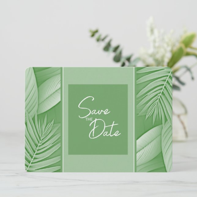 Tropische grüne Hochzeit retten das Datum der Einl Save The Date (Stehend Vorderseite)