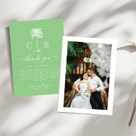 Tropische Grüne Palmblatt Initialen Foto Hochzeit Dankeskarte