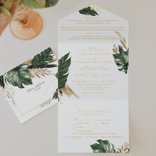 Tropische grüne Palme- und Bananenblatt-Hochzeit All-in-One-Einladung