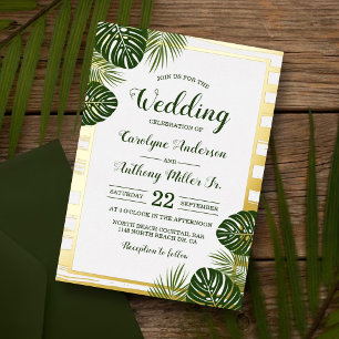 Tropische grüne Palmenblatt-Strandhochzeit Echt Folieneinladung