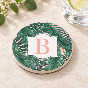 Tropische grüne Palmwedel Korallen-Monogramm Getränkeuntersetzer