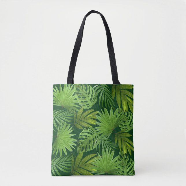 Tropische Grünpalme-Blätter auf Forest Green Tasche (Vorderseite)