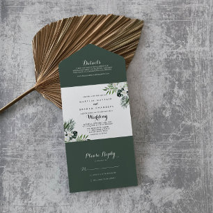 Tropische Grünpflanzen Weiße Florale Hochzeit All In One Einladung