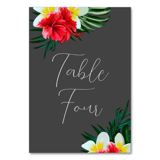 Tropische hawaiianische Blume Hochzeit auf Grau Tischnummer (Vorderseite)