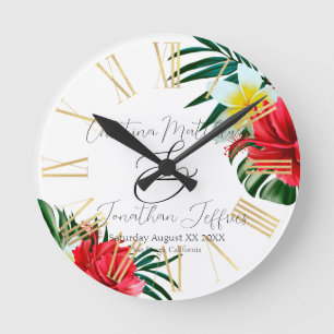 Tropische hawaiianische Blumen auf elegantem Weiß Runde Wanduhr