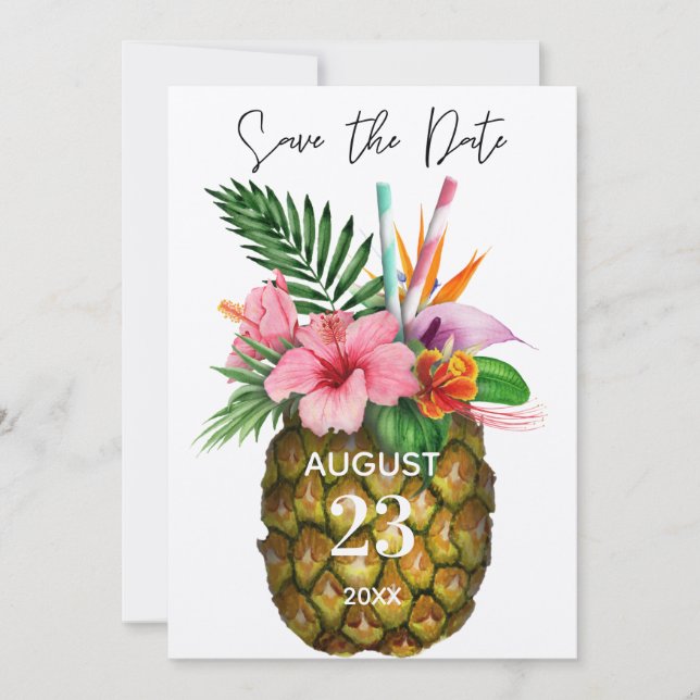 Tropische Hawaiianische Flora und Ananas Kraft Save The Date (Vorderseite)