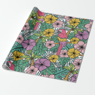 Tropische Hibiskus Blume mit Palmen, Papageien und Geschenkpapier