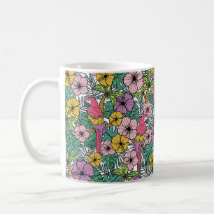Tropische Hibiskus Blume mit Palmen, Papageien und Kaffeetasse