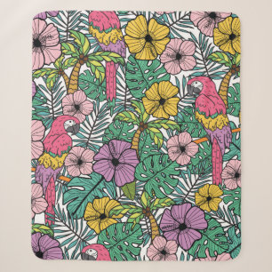 Tropische Hibiskus Blume mit Palmen, Papageien und Sherpadecke