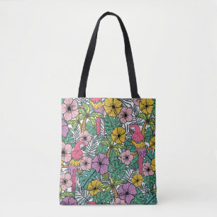 Tropische Hibiskus Blume mit Palmen, Papageien und Tasche
