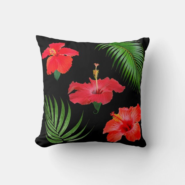 Tropische Hibiskus Blume & Palm Blätter auf schwar Kissen (Vorderseite)