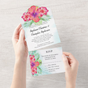 Tropische Hibiskus-Blumen-Aquarell-Strandhochzeit All In One Einladung