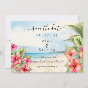 Tropische Hibiskus-Strand-Flat-Save-the-Date-Karte Save The Date