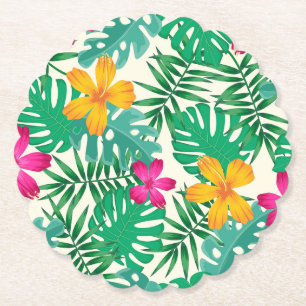 Tropische Hibiskus- und Palmblätter. Sommer an der Untersetzer