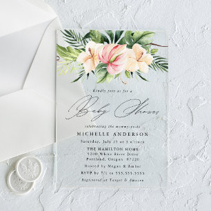 Tropische Hibiskusblüten und Blätter Baby Shower Acryleinladungen