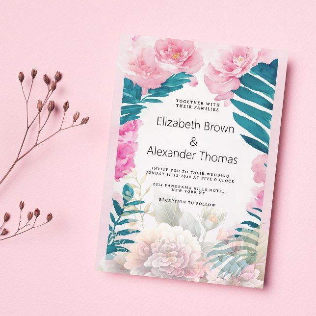 Tropische Hochzeit der Palmen der Palmen Einladung (Watercolor pink peonies palm tree tropical wedding)