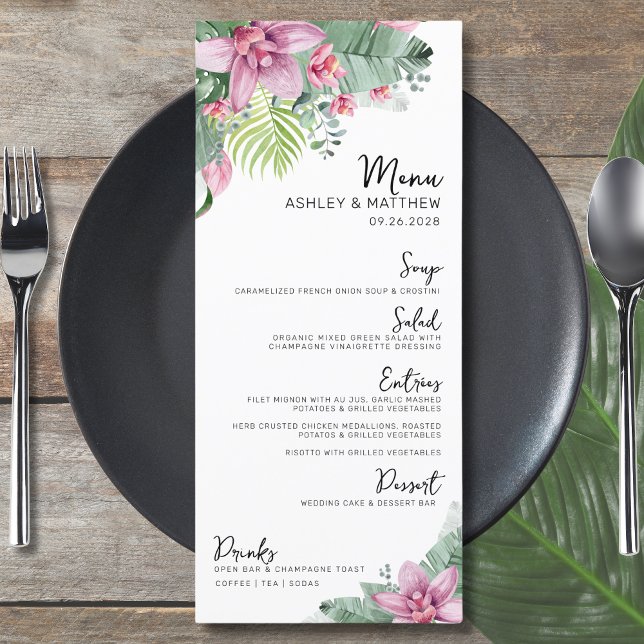 Tropische Hochzeit der Wasserfarbe Menükarte (Elegant Destination Floral Palm Tropical Wedding Menu)