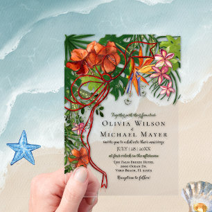Tropische Hochzeit I Floral & rotes Band Acryl Acryleinladungen