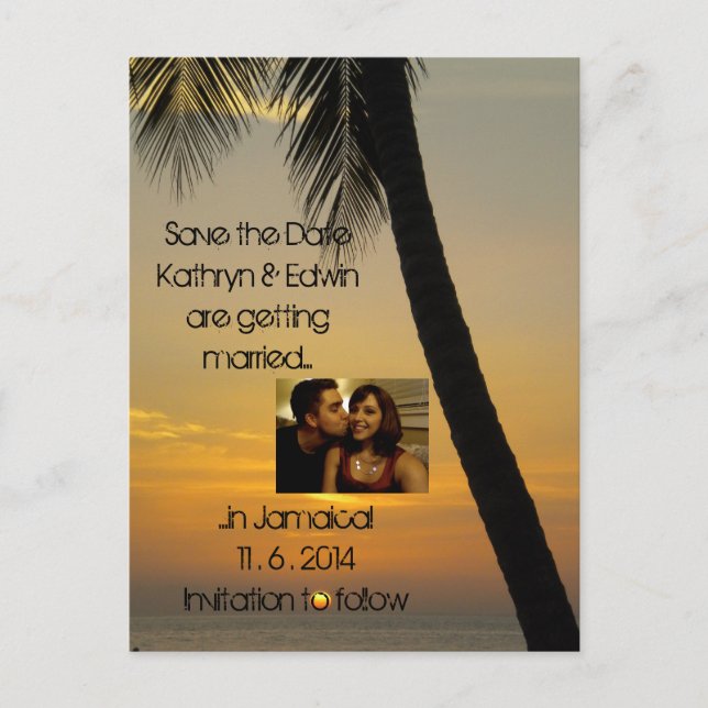 Tropische Hochzeit in Urlaubsort Save the Date Ankündigungspostkarte (Vorderseite)