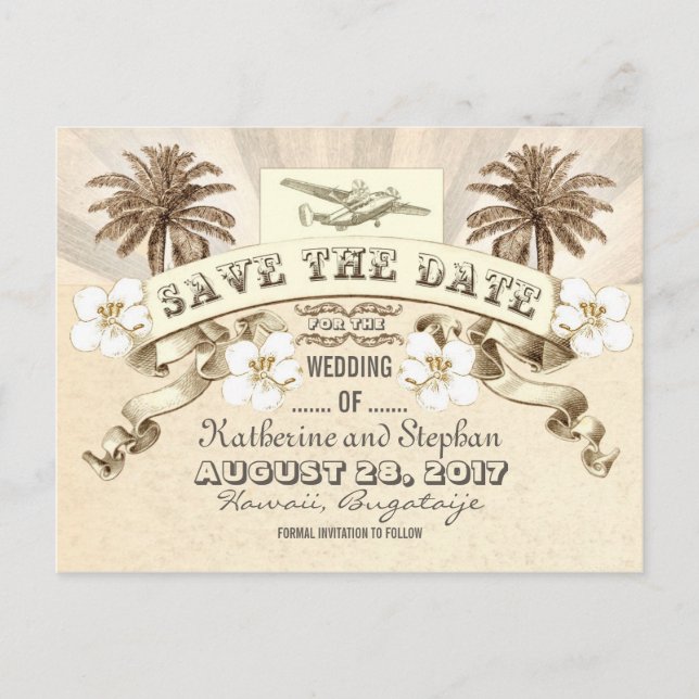 tropische Hochzeit in Urlaubsort Save the Date Ankündigungspostkarte (Vorderseite)