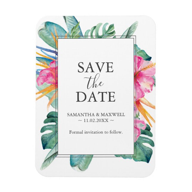 Tropische Hochzeit in Urlaubsort speichert Datumsm Magnet (Vertikal)