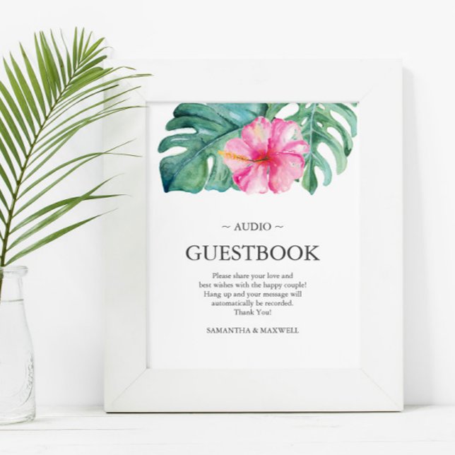 Tropische Hochzeit in Urlaubsort Telefonbuch Poster (Tropical destination wedding decor feature pink hibiscus flower palm leaf art Victoria Grigaliunas)