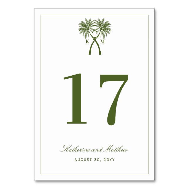 Tropische Hochzeit in Urlaubsort von Knotted Palm  Tischnummer (Vorderseite)