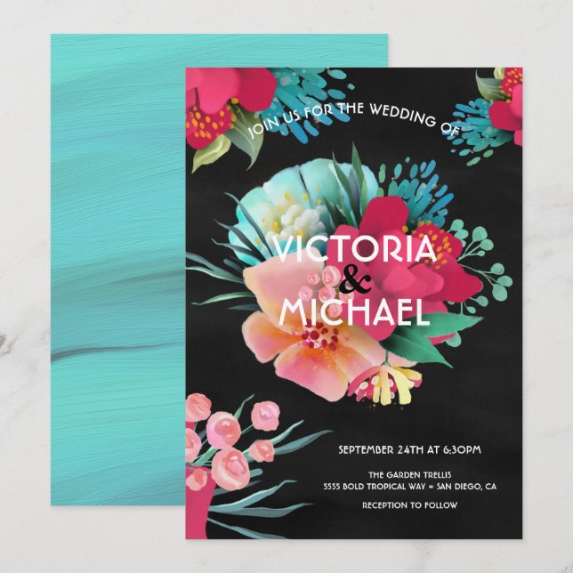 Tropische Hochzeit mit feinem und hellen Blumen Einladung (Vorne/Hinten)