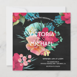 Tropische Hochzeit mit feinem und hellen Blumen Einladung