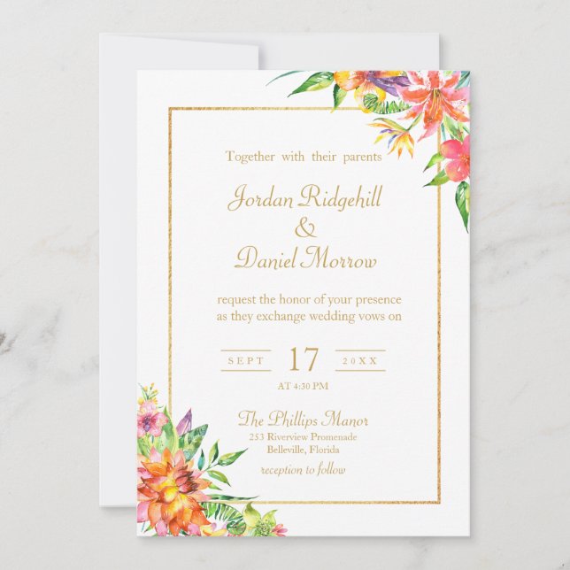 Tropische Hochzeit mit floraler Wasserfarbe Einladung (Vorderseite)