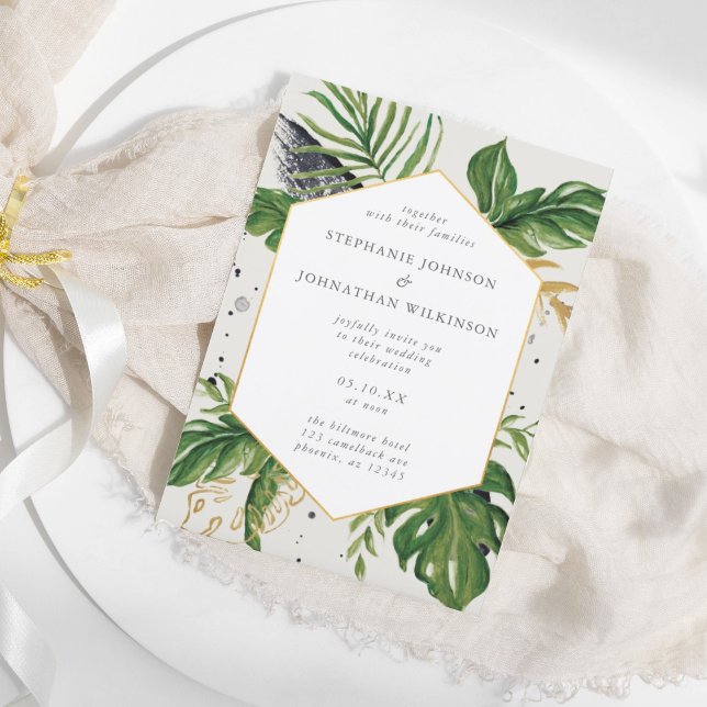 Tropische Hochzeit mit grüner und goldener Wasserf Einladung (Green & Gold Watercolor Tropical Wedding Invitation)