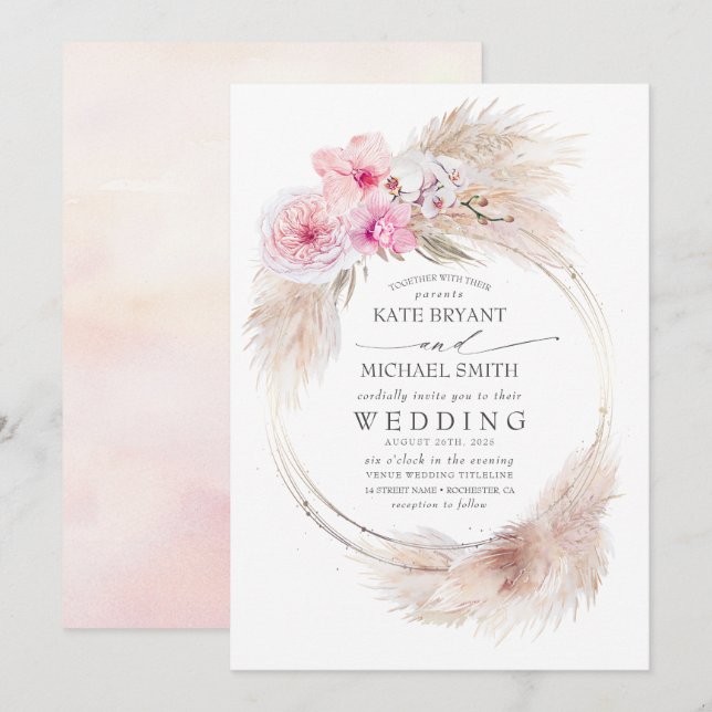 Tropische Hochzeit mit rosa Orchideen und Pampas Einladung (Vorne/Hinten)