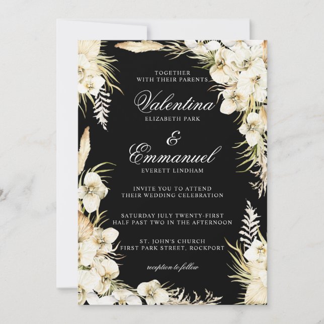 Tropische Hochzeit mit weißer Blüte auf schwarz Einladung (Vorderseite)
