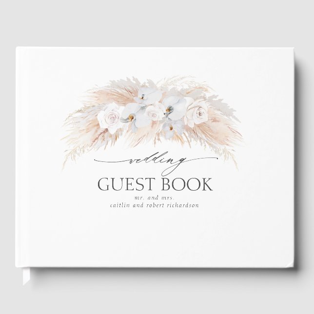 Tropische Hochzeit von Pampas Grass und Weißen Orc Gästebuch (Vorderseite)