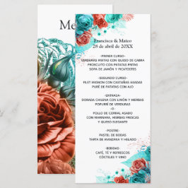 Tropische Hochzeit von Türkis und Korallen Menükarte