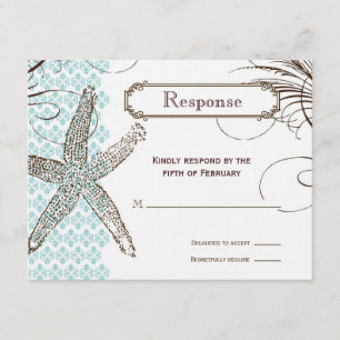 Tropische Hochzeitsaktionskarte für Blue Damask RSVP Karte