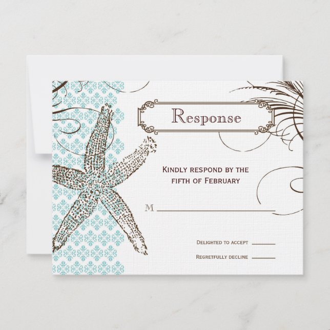 Tropische Hochzeitsaktionskarte für Blue Damask RSVP Karte (Vorderseite)