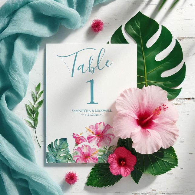 Tropische Hochzeitsfeier Einladung (Destination weddings table number tropical pink hibiscus flower watercolor art Victoria Grigaliunas)