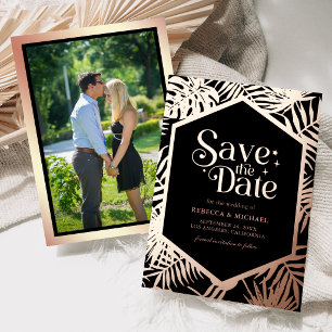 Tropische Hochzeitsfoto Save-the-Date Rose Gold Folieneinladung