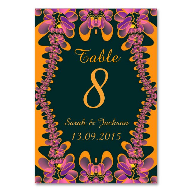 Tropische Hochzeitskarte Rosa Orange Tischnummer (Vorderseite)