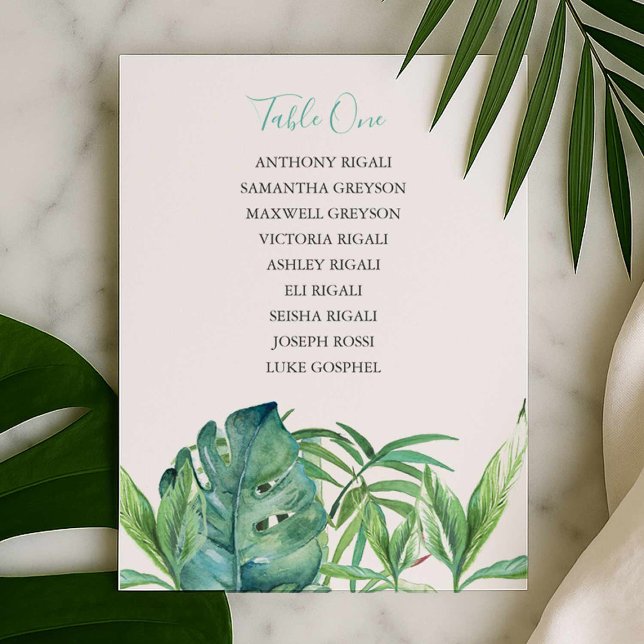 Tropische Hochzeitsplankarte Einladung (Wedding seating chart features watercolor tropical leaves by Victoria Grigaliunas of Do Tell A Belle)
