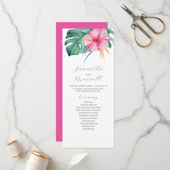 Tropische Hochzeitsprogramme Rosa Blume Programm (Vorderseite/Rückseite Beispiel)