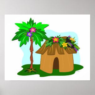 Tropische Hütte, Palmen und Toucan Poster
