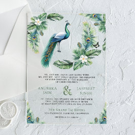 Tropische indische Pfauen-Blumen-Hochzeit Acryleinladungen